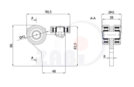 Wózek 3-rolkowy 50x50 do bramy G-3M-50/4, rysunek techniczny z wymiarami