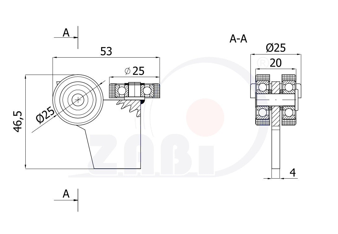 Wózek metalowy 3-rolkowy 30x30 do bramy G-3MM-30, rysunek techniczny z wymiarami