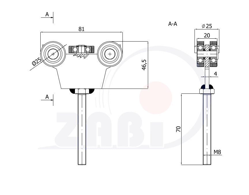 Wózek metalowy 5-rolkowy 30x30 do bramy G-5MM-30/M8, rysunek techniczny z wymiarami