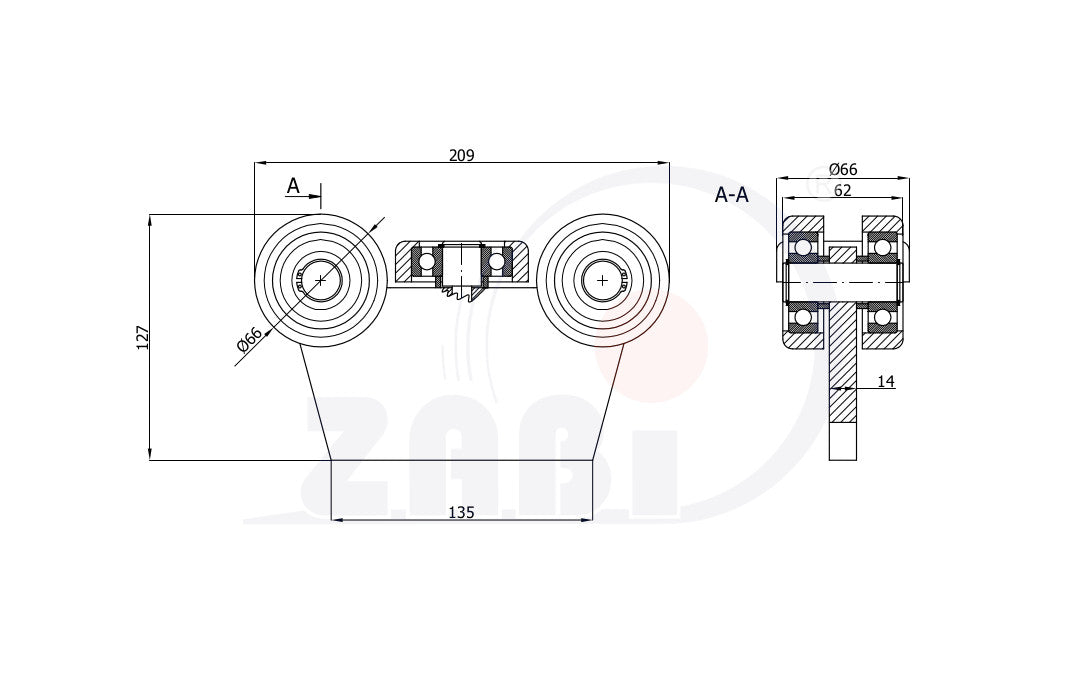 Wózek do bramy 5-rolkowy 80x80 do 180°C G-5MM-80E, rysunek techniczny z wymiarami