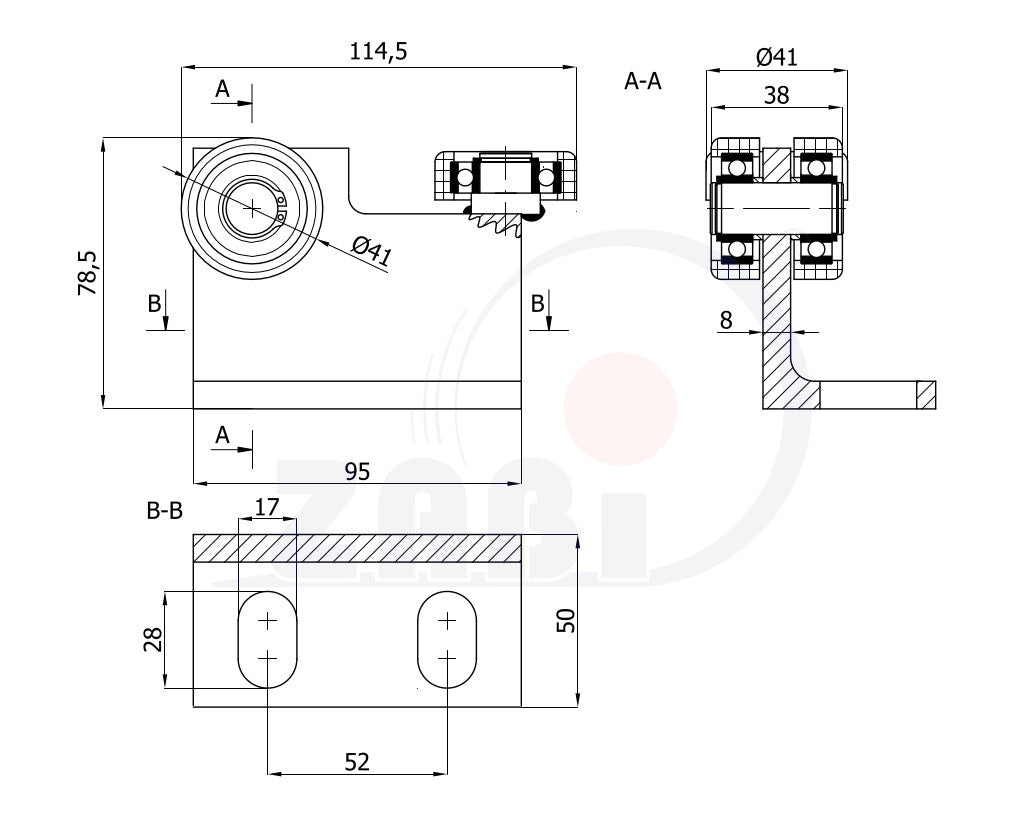 Wózek metalowy 3-rolkowy 50x50 do bramy P-3M-50/4, rysunek techniczny z wymiarami