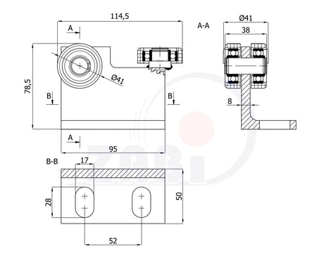 Wózek metalowy 3-rolkowy 50x50 do bramy P-3M-50/4, rysunek techniczny z wymiarami