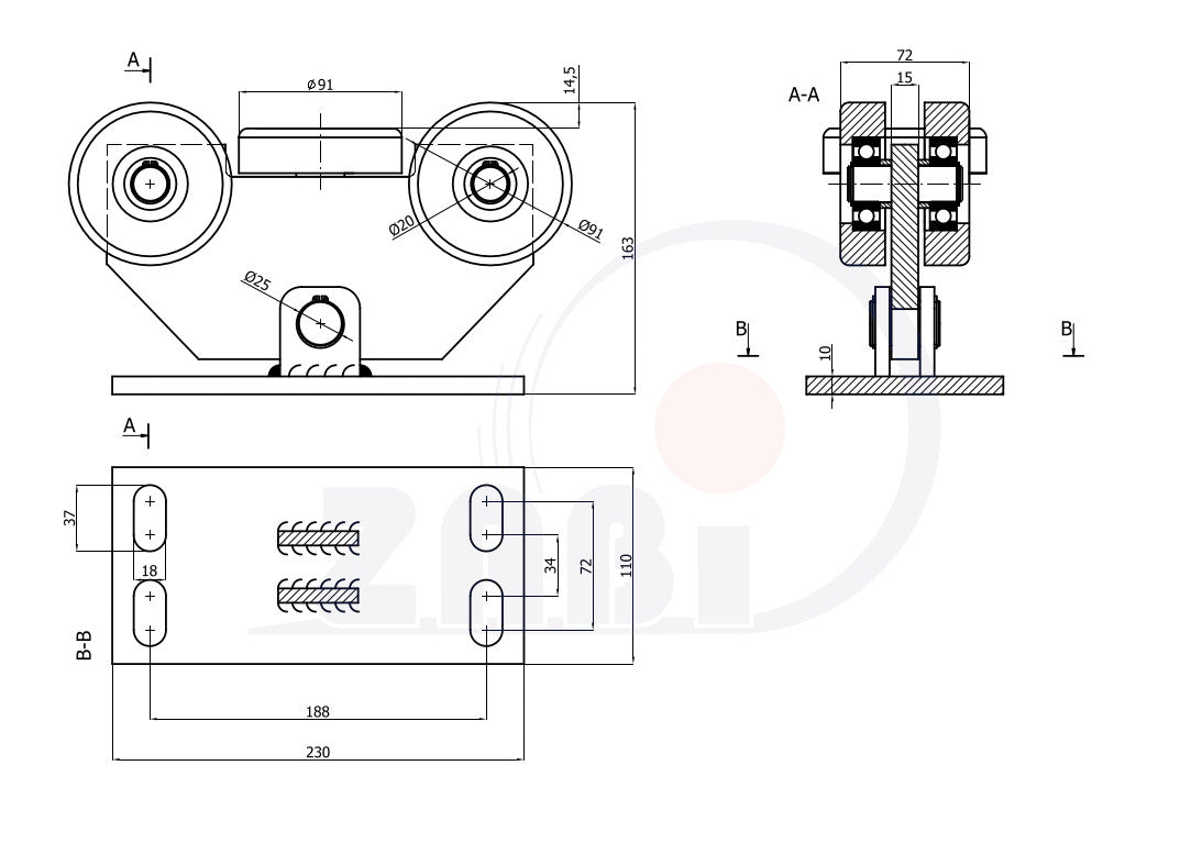 Wózek 5-rolkowy 100x100 do bramy W-5M-100, rysunek techniczny z wymiarami