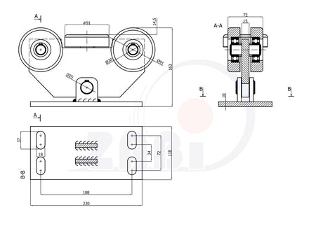 Wózek 5-rolkowy 100x100 do bramy W-5M-100, rysunek techniczny z wymiarami