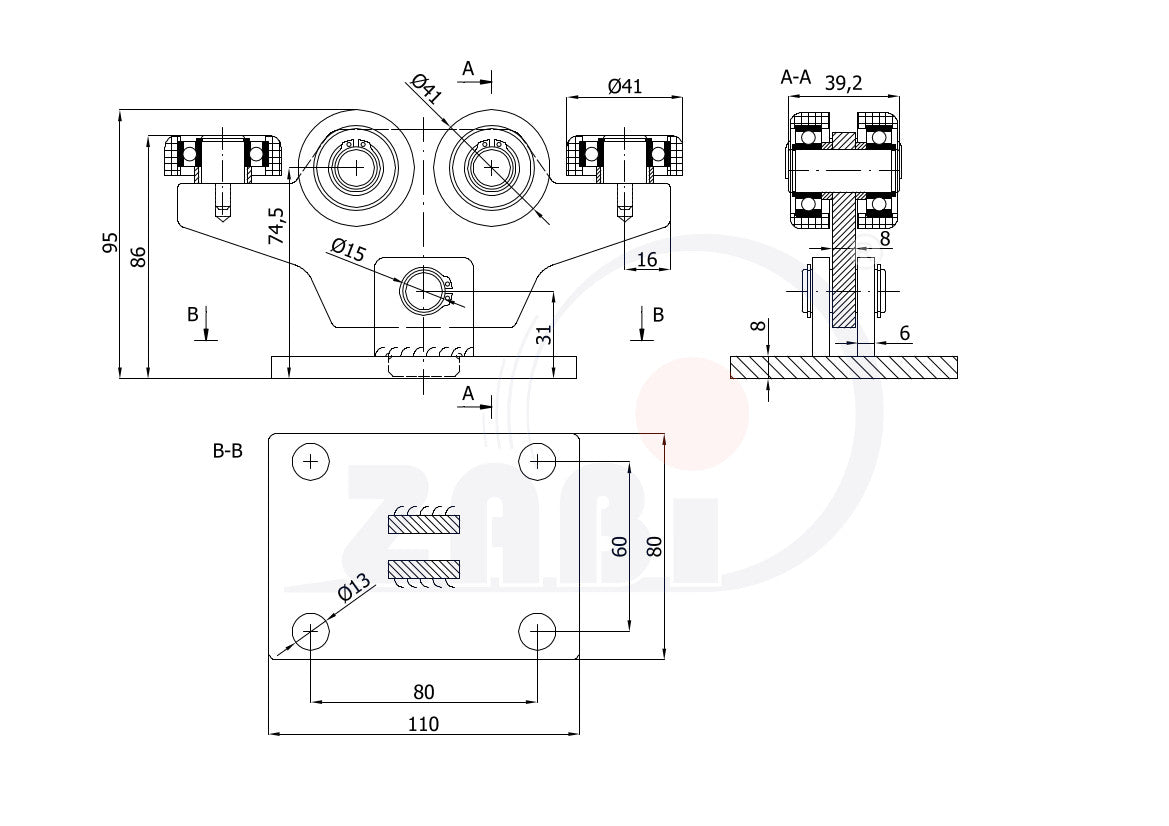 Wózek metalowy 6-rolkowy 50x50 do bramy W-6MM-50/4, rysunek techniczny z wymiarami