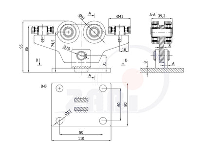 Wózek metalowy 6-rolkowy 50x50 do bramy W-6MM-50/4, rysunek techniczny z wymiarami