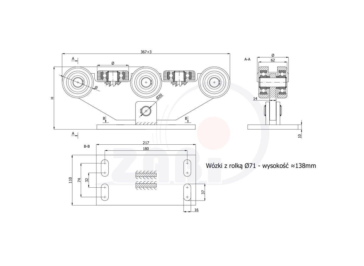 Wózek metalowy 8-rolkowy 80x80 do bramy W-8MM-80/4, rysunek techniczny z wymiarami