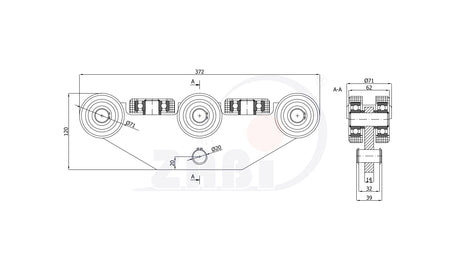 Wózek metalowy 8-rolkowy 80x80 do bramy WG-8MM-80/4, rysunek techniczny z wymiarami