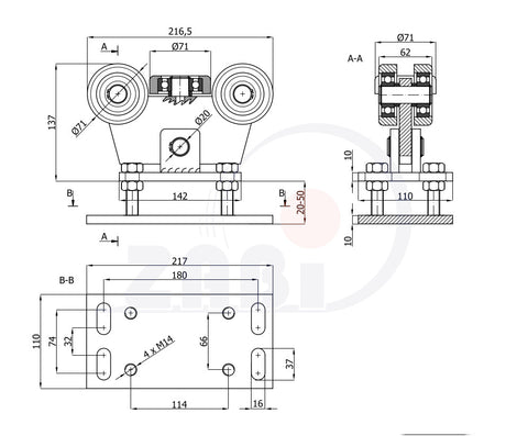 Wózek metalowy 5-rolkowy 80x80 do bramy WR-5MM-80/4, rysunek techniczny z wymiarami