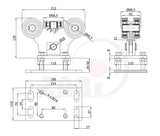 Wózek metalowy 5-rolkowy 80x80 do bramy WR-5MM-80M, rysunek techniczny z wymiarami