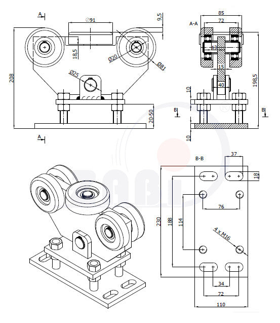 Wózek poliamidowy 5-rolkowy 90x100 do bramy WR-5T-90/100, rysunek techniczny z wymiarami