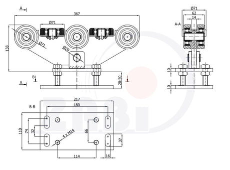 Wózek metalowy 8-rolkowy 80x80 do bramy WR-8MM-80/4, rysunek techniczny z wymiarami
