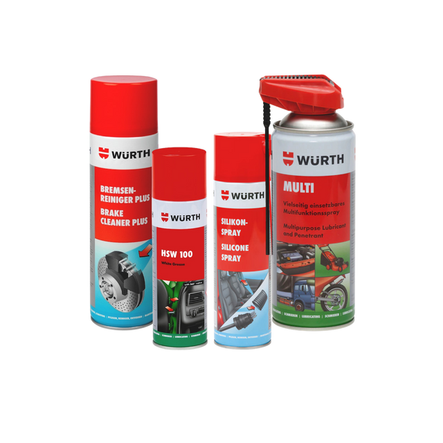 Würth zestaw do konserwacji bram, cztery spraye: Brake Cleaner Plus, HSW 100, Silikon-Spray i Multi