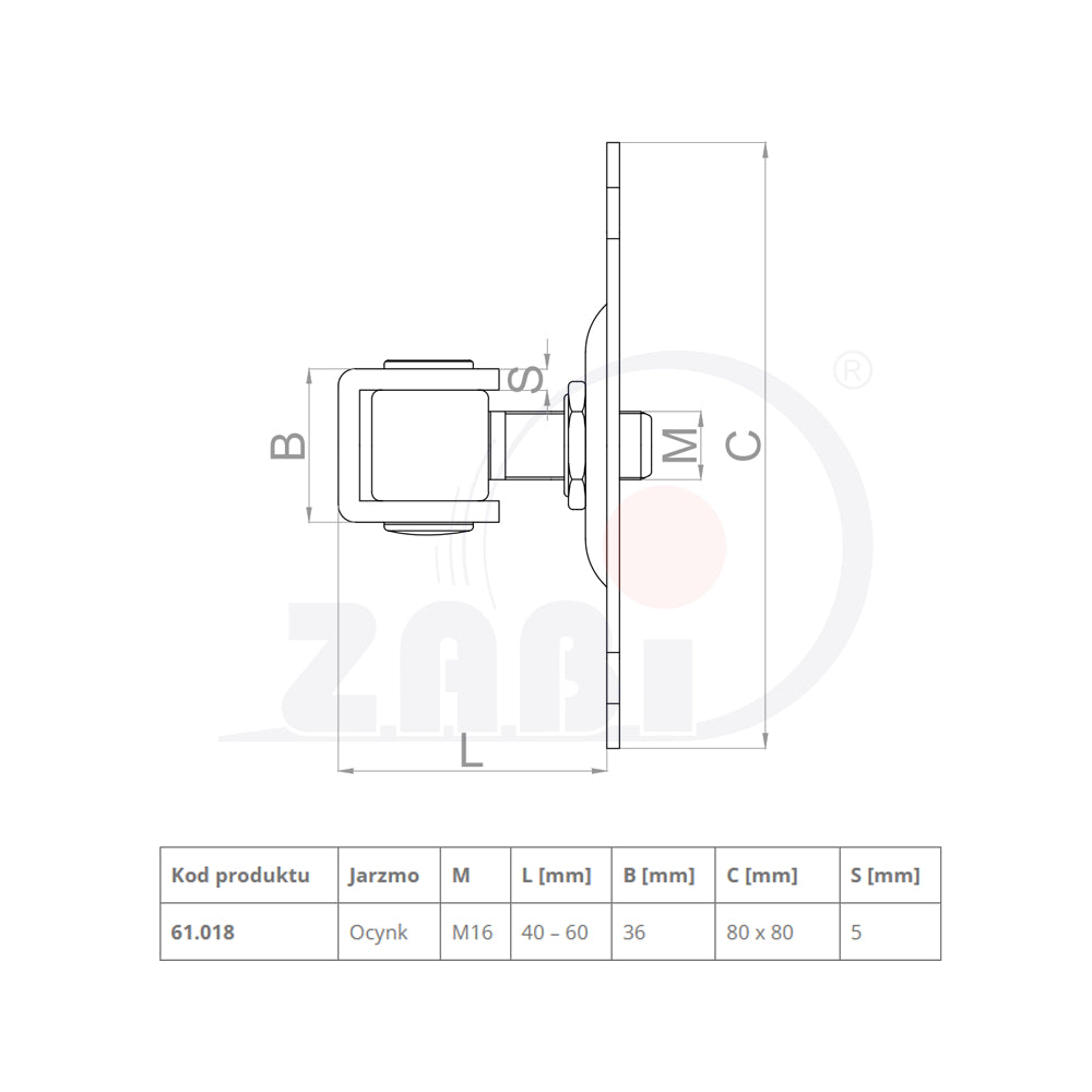 Zawias do bramy M16 płytka 80x80 ZAW-61.018, rysunek techniczny z wymiarami